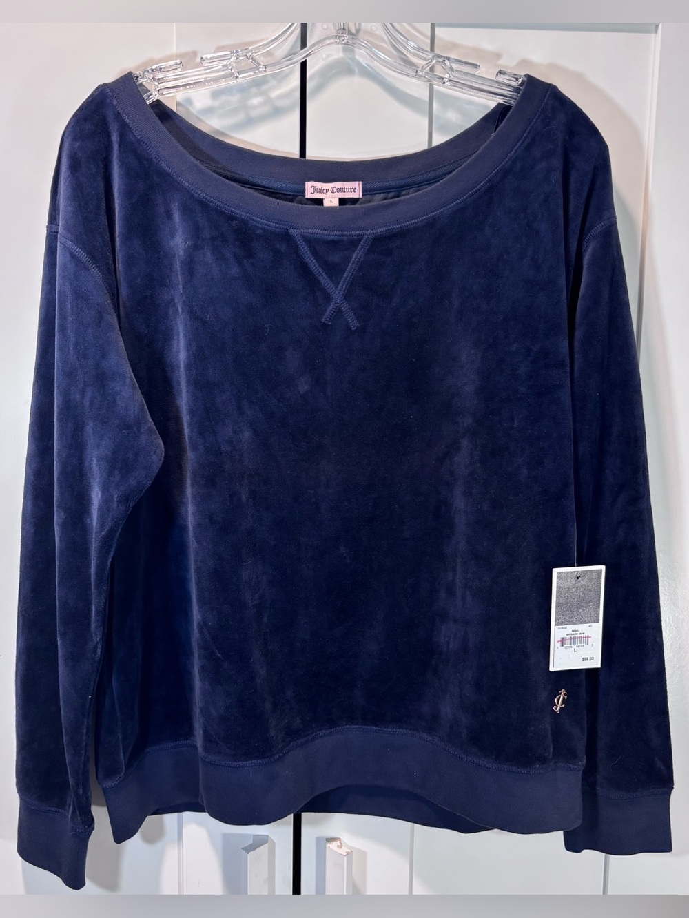 Juicy Couture Off Shoulder Velour Sweatshirt Regal Navy Blue L NWT Cotton USA